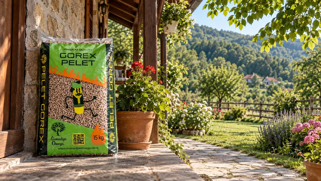 Gorex pelet na natkrivenom tremu kuće okružene drvećem
