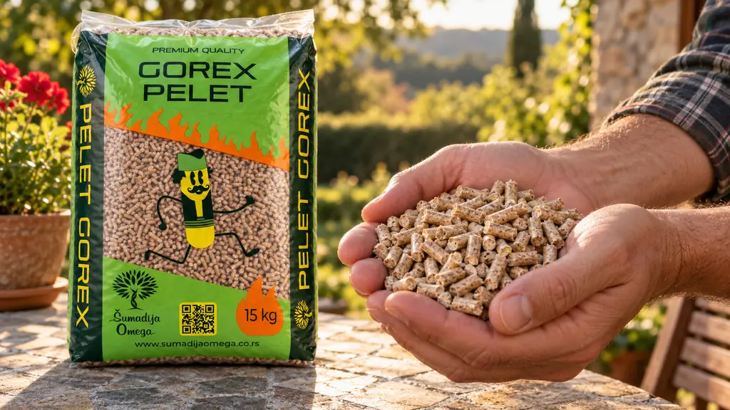 Granule peleta u rukama uz originalno Gorex pakovanje