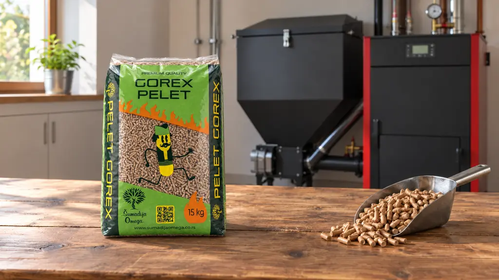 Originalno Gorex pakovanje na stolu uz granule peleta u lopatici